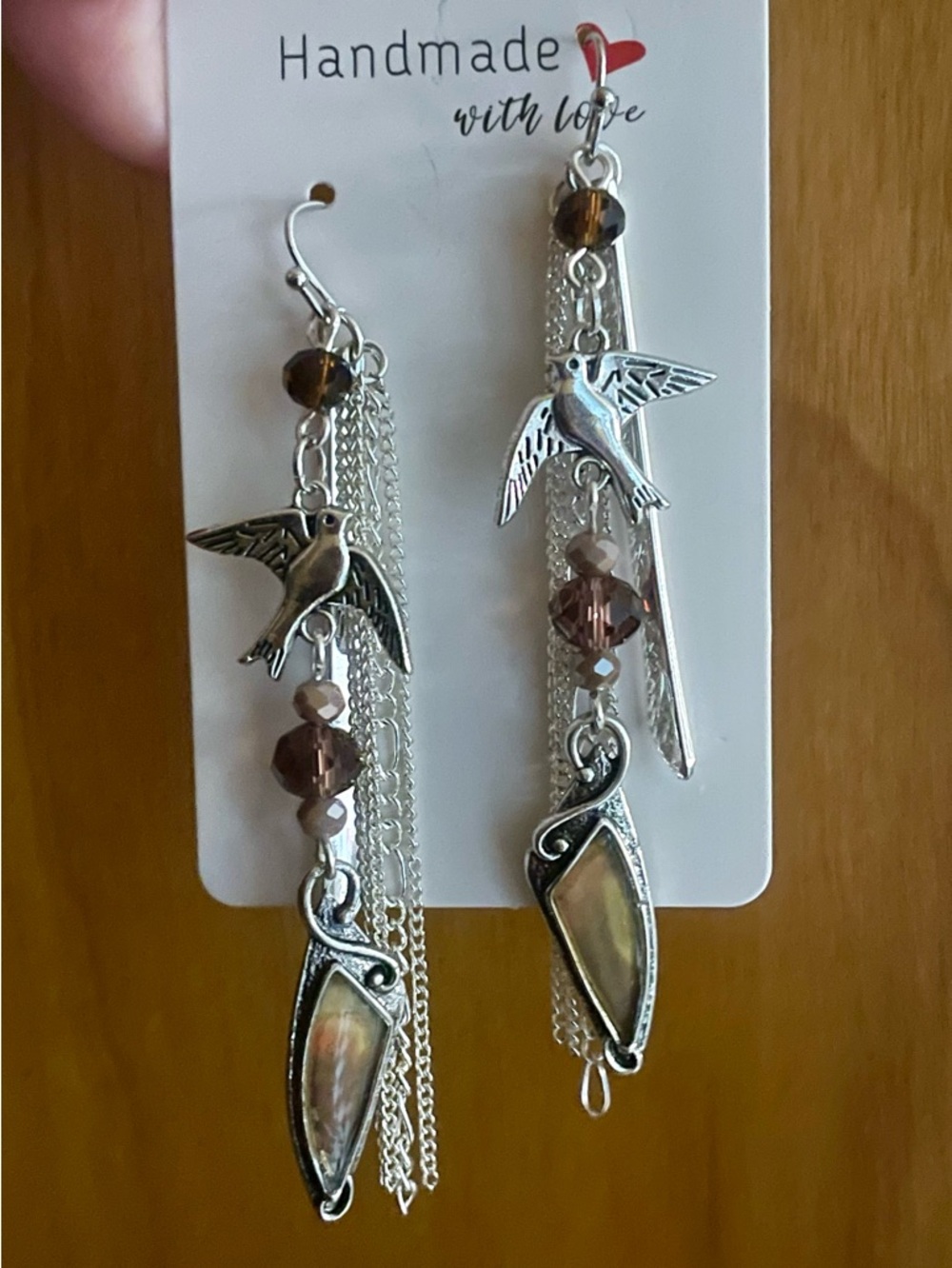 ❌❌SOLD❌❌Silver Bird Beads and Chains Dangle Earrings